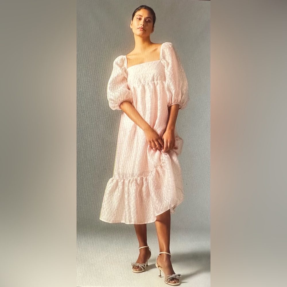 Anthropologie Blush Textured puff-sleeve dress with pockets!
